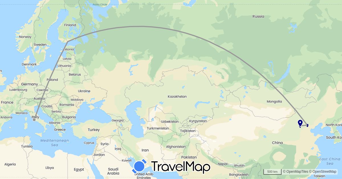 TravelMap itinerary: driving, plane, hiking in China, Finland, Italy (Asia, Europe)